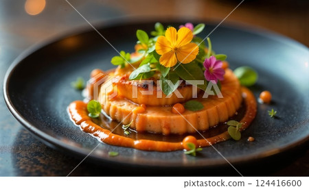 Gourmet Meal on Plate: An exquisitely plated gourmet dish, a symphony of flavors and textures with vibrant flowers and microgreens adorning a culinary masterpiece. 124416600