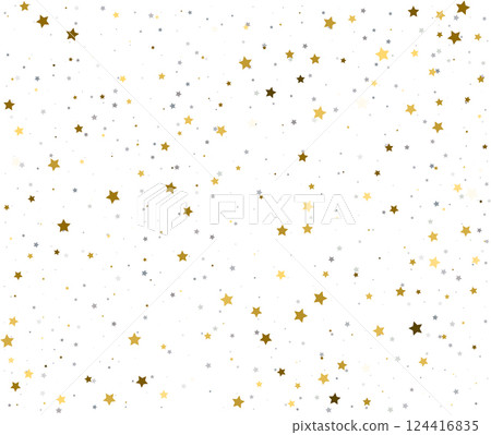 Golden and Silver Confetti Stars on Bright White Surface. 124416835