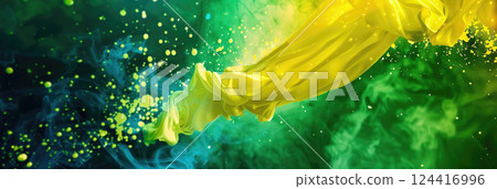Brazil independence day, flag of Brazil, texture of flowing oil paint, abstract green yellow background, horizontal banner, copy space, free space for text 124416996