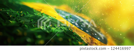brazil independence day, Brazilian flag, close-up, fabric texture, abstract green yellow background, horizontal banner, copy space, free space for text brazil independence day, Brazilian flag, close-up, fabric texture, abstract green yellow background, horizontal banner, copy space, free space for text 124416997