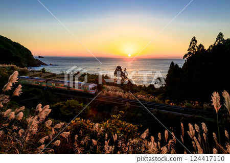 A diesel railcar on the Kisei Main Line running through Jofuku Shrine with the morning sun rising over the Pacific Ocean in the background 124417110