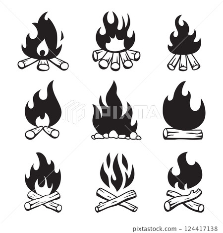 Campfire silhouettes with stylized fire and wood log combinations 124417138