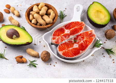 Healthy fat concept. Product with omega 3. Healthy fat concept. Product with omega 3. 124417318