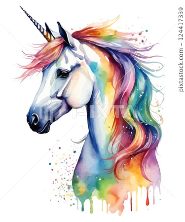Unicorn head in wreath of flowers. Watercolor illustration. 124417339