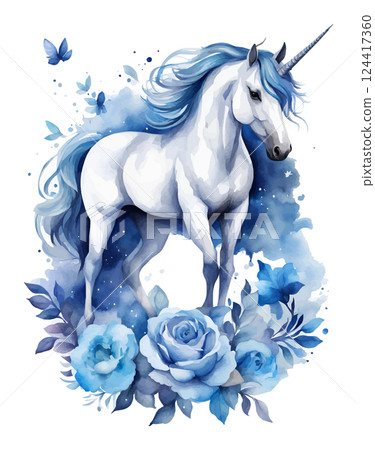 Unicorn in wreath of flowers. Watercolor illustration. 124417360