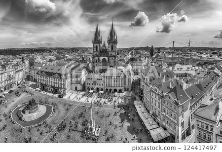 Aerial view of Tyn Church and old town square, Prague Aerial view of Tyn Church and old town square, Prague 124417497