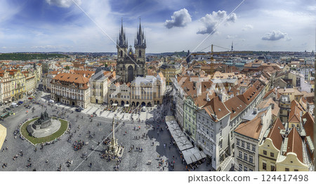 Aerial view of Tyn Church and old town square, Prague 124417498