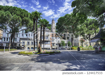 Picturesque cobblestone street in central Merano, South Tyrol, Italy 124417533