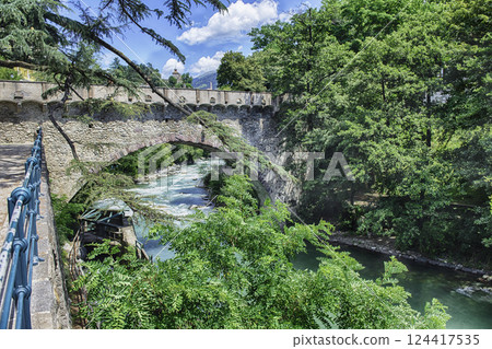 Steinerner Steg bridge, iconic landmark in Merano, South Tyrol, Italy 124417535