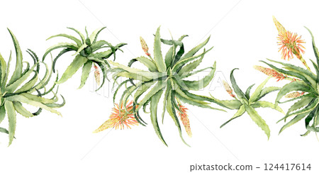 Seamless border of aloe vera plants with blooming orange flowers Seamless border of aloe vera plants with blooming orange flowers 124417614