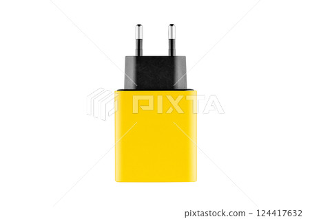 adapter for charger with USB and Type C connector, yellow, on isolated or white background adapter for charger with USB and Type C connector, yellow, on isolated or white background 124417632