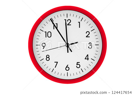 Red watch, wall clock 11 hours 45 minutes on isolated or white background 124417654