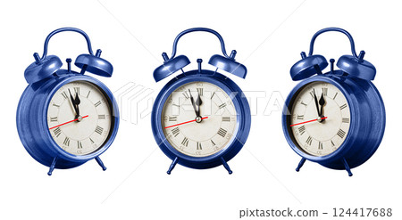 set collection retro clock, watch, pointer clock, Blue color alarm clock on isolated white background 124417688