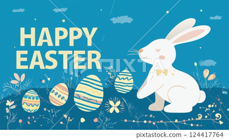 Playful White Bunny with Easter Eggs and Decorations  124417764