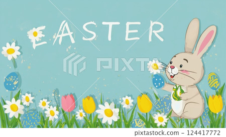 Easter Bunny with Flowers and Spring Decor 124417772