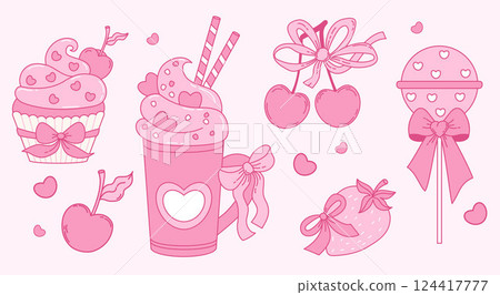 Vintage coquette aesthetic pink sweets and desserts with ribbon bow set. Romantic girly vibe. Vector illustration. Isolated Trendy elements food and berries perfect for design and decoration 124417777