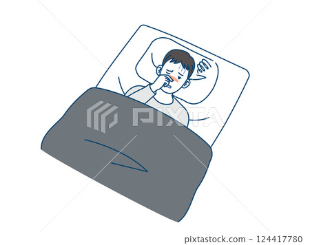 Illustration of a young man who can't sleep because of a stuffy nose Illustration of a young man who can't sleep because of a stuffy nose 124417780
