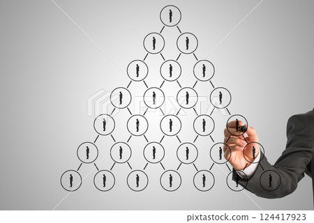 Businessman drawing a hierarchy concept on a virtual interface 124417923