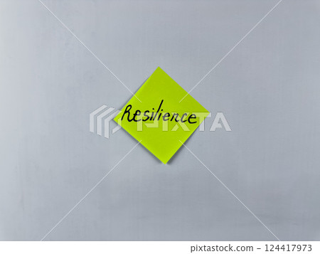 Sticky note with the word Resilience written on it, pinned on white background. Photo symbolizes strength, perseverance, and endurance. Perfect for illustrating concepts of resilience Sticky note with the word Resilience written on it, pinned on white background. Photo symbolizes strength, perseverance, and endurance. Perfect for illustrating concepts of resilience 124417973
