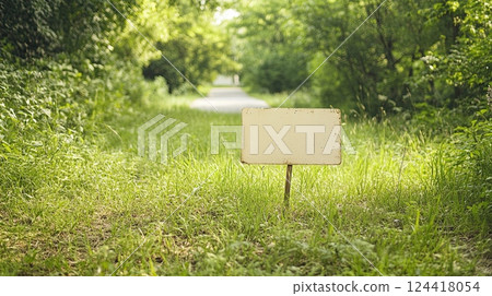 a blank yard sign on a grassy area near a city street path, surrounded by trees and urban elements 124418054