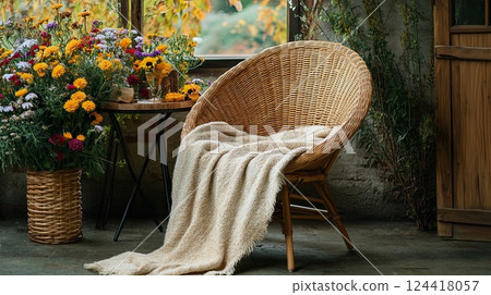 A cozy chair with a soft blanket, next to rustic table adorned with a bouquet of flowers A cozy chair with a soft blanket, next to rustic table adorned with a bouquet of flowers 124418057