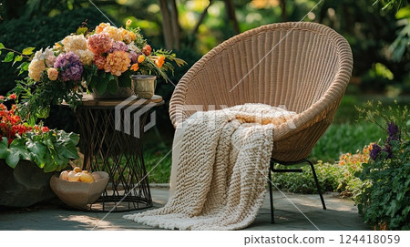 A cozy chair with a soft blanket, next to rustic table adorned with a bouquet of flowers A cozy chair with a soft blanket, next to rustic table adorned with a bouquet of flowers 124418059