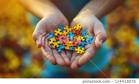 Hands Holding Colorful Puzzle Pieces  124418078
