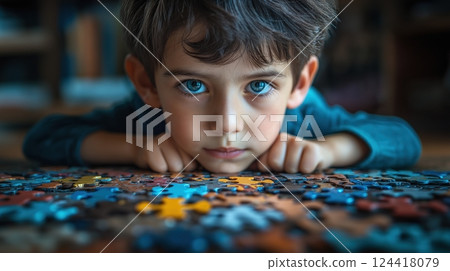 Focused Child with Autism Puzzle Pieces  124418079