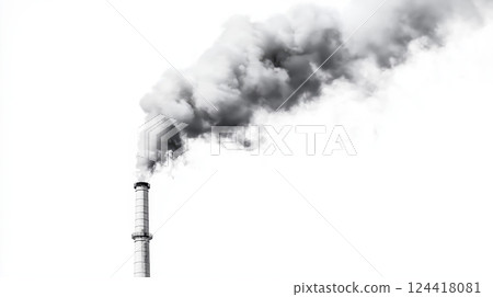 Single industrial chimney emitting thick smoke on a white background, concept of air pollution and environmental crisis 124418081