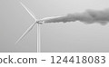 Wind turbine emitting black smoke, symbolic contrast between renewable energy and pollution 124418083