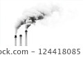 Multiple industrial chimneys releasing smoke into the air on a white background, environmental pollution and climate impact 124418085