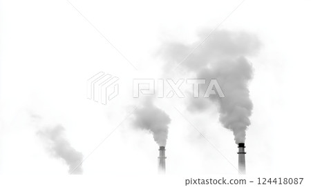 Industrial chimneys emitting heavy white smoke, affecting air quality 124418087