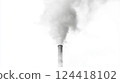 Factory chimney releasing thick white smoke, contributing to air pollution 124418102