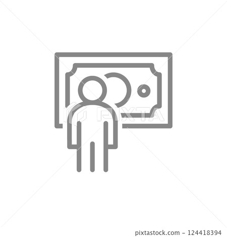 A man standing in front of a money bill line icon. Successful banking symbol. Vector illustration. 124418394