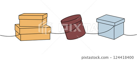 Present boxes one line colored continuous drawing. Carton delivery boxes. Vector illustration. Present boxes one line colored continuous drawing. Carton delivery boxes. Vector illustration. 124418400
