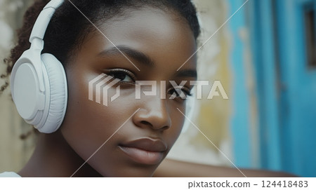 Young woman enjoys music outside 124418483