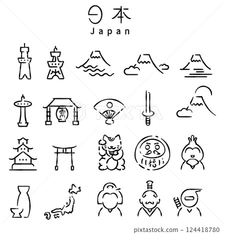 以線描風格設定的簡單日文圖標 124418780