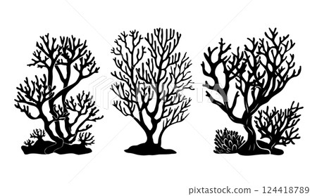 Illustrations of abstract coral formations showcasing intricate designs and varied shapes from underwater ecosystems in a stylized black silhouette format Illustrations of abstract coral formations showcasing intricate designs and varied shapes from underwater ecosystems in a stylized black silhouette format 124418789