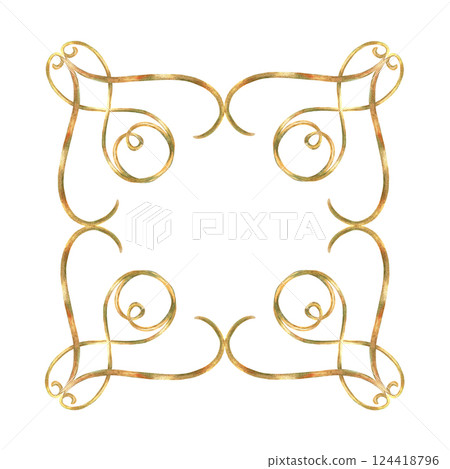 Gold curls frame of vibrant collection of ribbons. Hand-painted in watercolor with gold paint accents. Isolate frame from elements for decorating and designing textiles, interior, wallpaper, prints Gold curls frame of vibrant collection of ribbons. Hand-painted in watercolor with gold paint accents. Isolate frame from elements for decorating and designing textiles, interior, wallpaper, prints 124418796