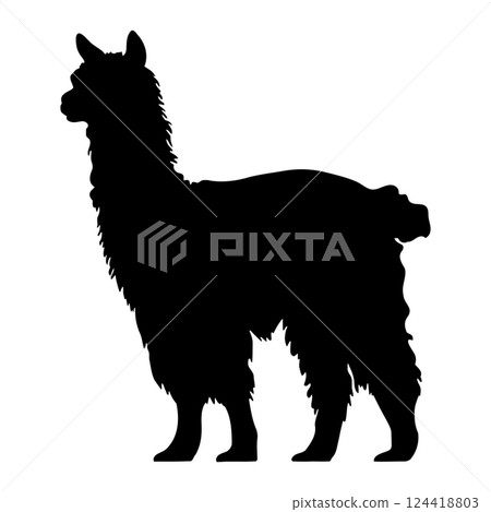 Silhouette of a llama standing gracefully against a contrasting background showcasing its distinctive features and posture 124418803