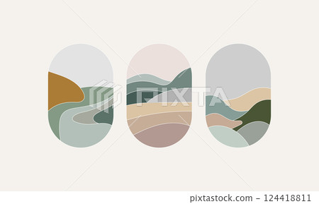 Minimal Abstract Landscape Nature Vector. A set of minimal vector illustrations featuring abstract landscapes with soft earthy tones. Minimal Abstract Landscape Nature Vector. A set of minimal vector illustrations featuring abstract landscapes with soft earthy tones. 124418811