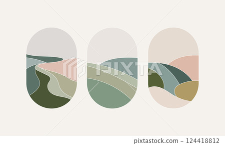 Minimal Abstract Landscape Nature Vector. A set of minimal vector illustrations featuring abstract landscapes with soft earthy tones. Minimal Abstract Landscape Nature Vector. A set of minimal vector illustrations featuring abstract landscapes with soft earthy tones. 124418812