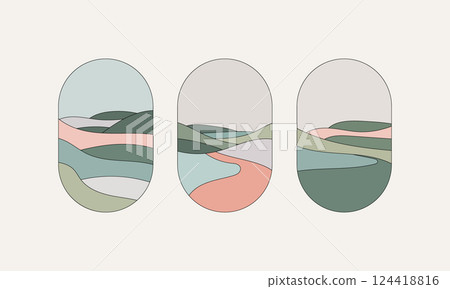 Modern Abstract Landscape Soft Color Vector. A collection of modern vector illustrations depicting abstract landscapes with soft colors and detailed organic forms. Modern Abstract Landscape Soft Color Vector. A collection of modern vector illustrations depicting abstract landscapes with soft colors and detailed organic forms. 124418816
