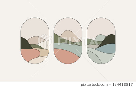 Modern Abstract Landscape Soft Color Vector. A collection of modern vector illustrations depicting abstract landscapes with soft colors and detailed organic forms. 124418817