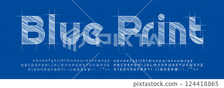 Digital blueprint font with hatching on project sketch grid. Technical industrial typography for engineering, architecture, construction projects. Vector typeset Digital blueprint font with hatching on project sketch grid. Technical industrial typography for engineering, architecture, construction projects. Vector typeset 124418865