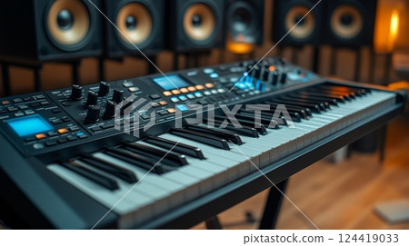 Music Studio Equipment with Synthesizer and Audio Mixers 124419033
