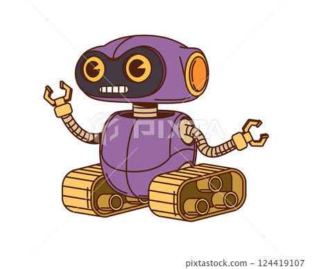 Purple robot and bot groovy cute character. Alien cyborg android groovy character, artificial intelligence robot isolated vector happy character. Chatbot cartoon mascot with claws and caterpillars Purple robot and bot groovy cute character. Alien cyborg android groovy character, artificial intelligence robot isolated vector happy character. Chatbot cartoon mascot with claws and caterpillars 124419107