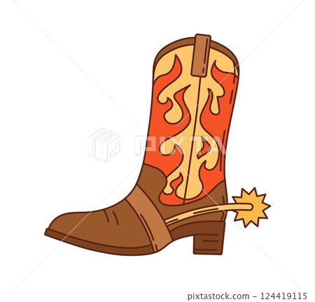 Cartoon groovy cowboy or cowgirl Wild west western boot. Isolated vector old fashioned footwear with high heel, pointed toe, spur and ornate designs, embodying rugged American ranch frontier spirit Cartoon groovy cowboy or cowgirl Wild west western boot. Isolated vector old fashioned footwear with high heel, pointed toe, spur and ornate designs, embodying rugged American ranch frontier spirit 124419115