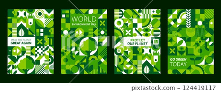 World environment day and Save Nature posters with green geometric shapes, vector backgrounds. World Environment Day posters with eco quotes Go Green and Protect Planet with ecology geometric shapes 124419117