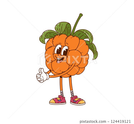 Cartoon groovy cloudberry berry character with a wide toothy smile. Isolated vector ripe and healthy retro food personage with green leaves on top, large eyes, sneakers and cheerful facial expression 124419121